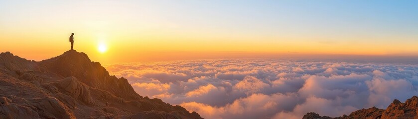 Obraz premium Person Standing on Mountain Peak Overlooking Clouds with Beautiful Sunrise and Soft Sky Colors at Dusk