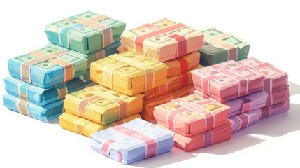 Obraz premium Giant packs of banknotes arranged in stacks, representing financial growth and savings, isolated on a white background