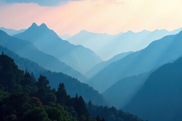 Obraz premium Layered mountain ranges fade into misty distance, serene landscape, misty peaks