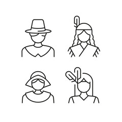 Thanksgiving icons. Set of 4 Thanksgiving trendy minimal icons. Example: Pilgrim, Indians icons. Design signs for web page, mobile app, packaging design. Vector illustration