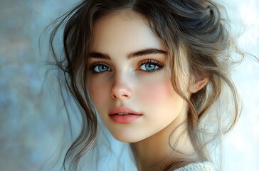 Fototapeta premium Woman with Soft Wavy Hair in a Light Sweater Against a Serene Backdrop