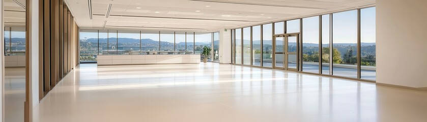 Spacious and Modern Empty Office Interior with Large Windows and Scenic View of Mountains and Blue Sky
