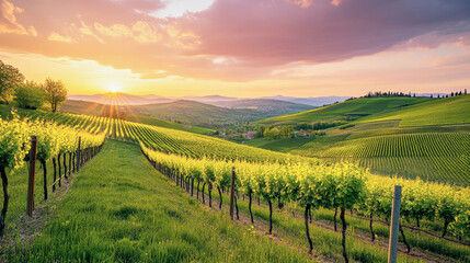 Fototapeta premium Stunning sunset over a picturesque springtime vineyard in rolling green hills