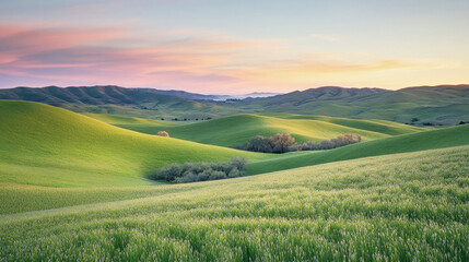 Obraz premium Vineyards bloom under a pastel sunset in springtime hills
