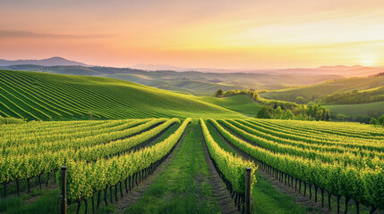 Fototapeta premium Vibrant spring vineyard landscape under a pastel sunset in ultra-high definition