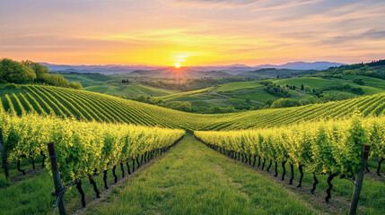 Fototapeta premium Springtime vineyard landscape with rolling hills and pastel sunset in ultra-high-definition