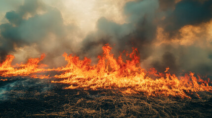 Flames engulf dry field as wildfire spreads amid thick smoke and rising temperatures