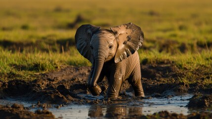 Fototapeta premium Young Elephant Playfully Splashing in Muddy Water Under Sunlight