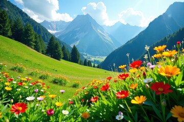 Fototapeta premium Lush greenery and colorful wildflowers in a sunny mountain meadow, nature, mountains