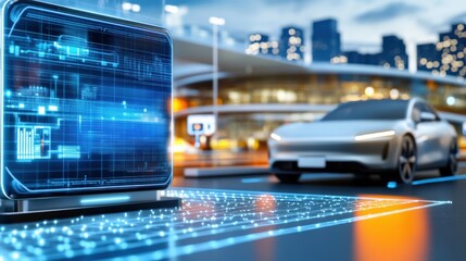 Autonomous vehicle technology showcase urban cityscape visual display modern environment futuristic viewpoint innovation concept