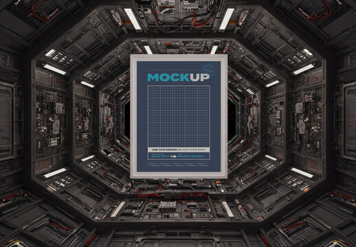 Vertical Poster Mockup Floating Inside Space Ship
