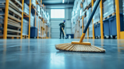 Push broom sweeping warehouse floor with industrial worker in background