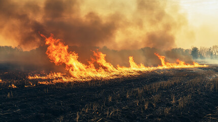 Uncontrolled wildfire ravaging dry fields and creating thick smoke in a disaster unfolding