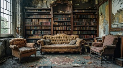 old library with a couch and chairs and old books