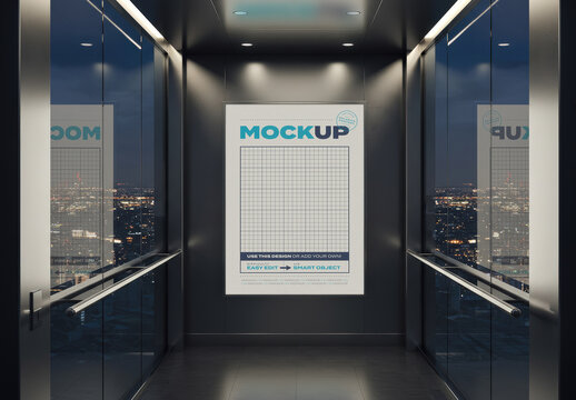 Vertical Poster Mockup Inside Elegant Elevator with Glass and Metal City View