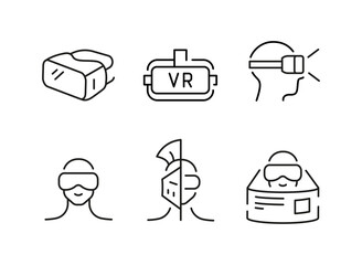 Virtual Reality icons. Set of 6 virtual reality trendy minimal icons. VR headset, AR goggles, 360 view, simulation icon. Design signs for web page, mobile app, packaging design. Vector illustration