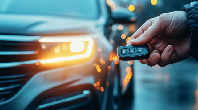 Hand pressing button on car key fob to unlock stylish SUV on a glowing evening