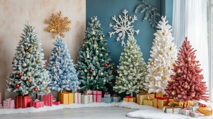 Christmas trees and rack with decor near light wall. Different color pattern