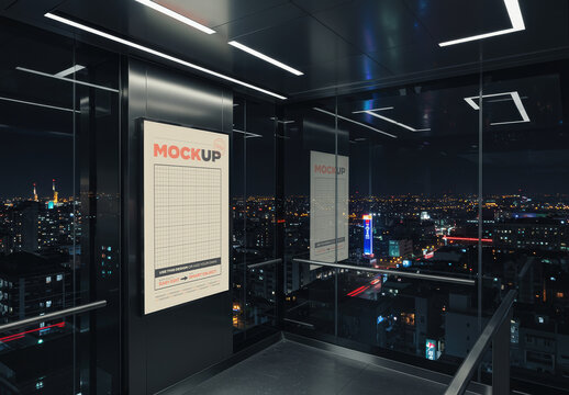 Vertical Poster Mockup Inside Glass Modern Elevator Night City View