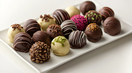 Chocolate truffles coated with cocoa powder and chocolate shavings. Luxurious gourmet sweet treat.