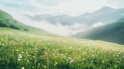 Fototapeta premium Majestic mountain range adorned with colorful wildflowers under morning mist in spring
