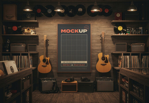 Vertical Poster Mockup inside Music Store