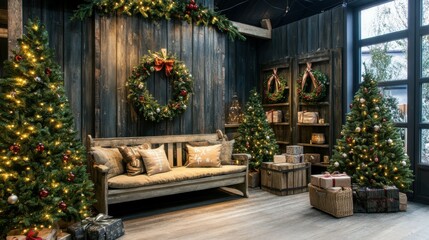 Fototapeta premium Interior of living room with Christmas trees, wreaths and wooden bench