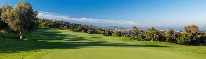 Serene Golf Course Landscape with Lush Greenery and Clear Blue Sky Over Rolling Hills