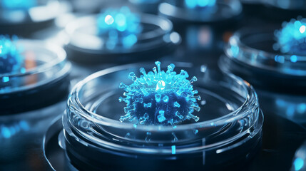 Next-gen biotechnology rendering of microscopic glowing blue cells in advanced research lab