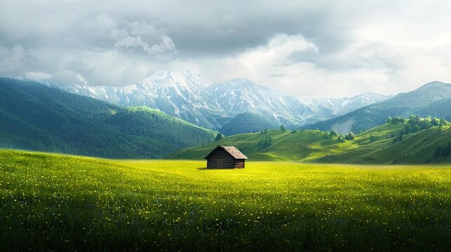   A lush green field surrounded by tall mountain ranges, featuring a cozy little home nestled under the clear blue sky with fluffy white clouds