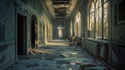 Fototapeta premium Abandoned corridor in dilapidated building with crumbling walls and debris scattered across the floor. Light from broken windows contrasts with dark, eerie interior, creating a sense of decay and