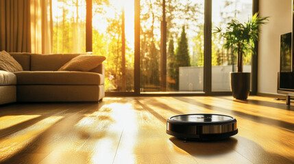 Smart robotic vacuum cleaner operates in a stylish living room with golden sunlight
