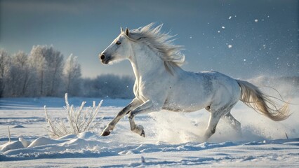 Fototapeta premium White Horse Galloping Through Snowy Field