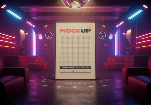 Vertical Poster Page Frame Mockup Stand on Old Style Vintage Retro Disco