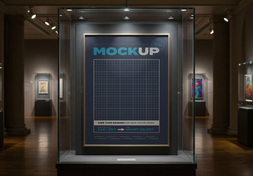 Vertical Poster Page Mockup inside Glass Case on Museum Mockup