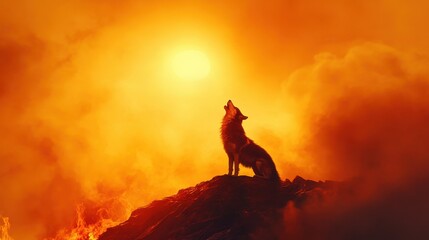 Solitary Wolf Howling Against a Fiery Sunset: Capturing Freedom and Wild Spirit in Nature's Backdrop