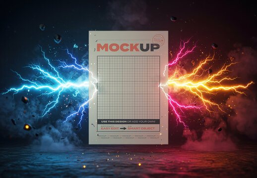 Vertical Poster Page Mockup with Electric Colorful Rays Coming Out