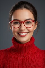 Fototapeta premium smiling woman in red turtleneck sweater and red glasses