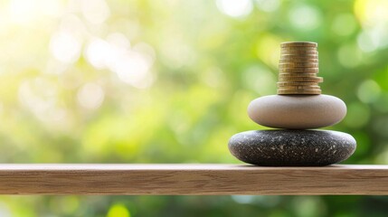 Obraz premium Investing in financial growth stacked coins on stones nature background close-up shot concept of wealth