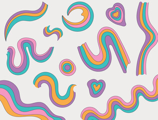 Collection of abstract wavy shapes and swirls in a retro-inspired style. The colorful, fluid forms create a dynamic and playful composition with a groovy, psychedelic aesthetic on a light background.