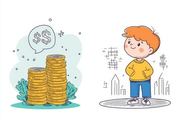Child daydreaming of wealth among coin stacks urban background illustrative artwork playful concept