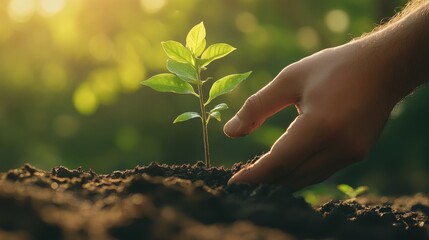 Fototapeta premium seed and planting concept with Male hand watering young tree on ground over green background. He plants trees for the future. To reduce global warming.
