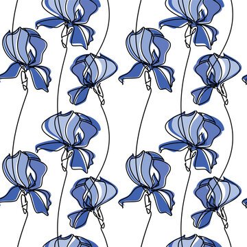 Hand drawn illustration. Blue iris flower seamless pattern vector. Abstract outline botanical backdrop. Line continuous wallpaper, cartoon background, fabric, textile, minimal print, package design
