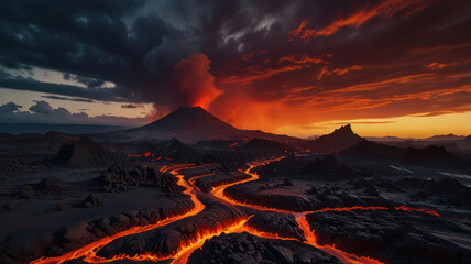 Fototapeta premium A Dramatic Volcanic Landscape At Sunset Showcasing Flowing Lava And Rugged Terrain Background