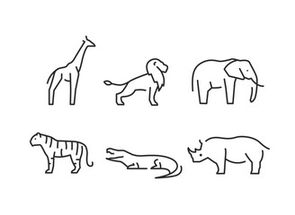 Wild Animal icons. Set of 6 trendy minimal animal icons. Example: Lion, Giraffe, Tiger, Gorilla icons. Design signs for web page, mobile app, packaging design. Vector illustration.