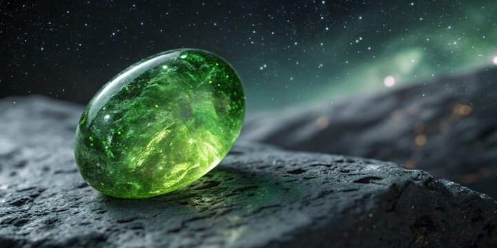 Polished moldavite stone with a futuristic glow