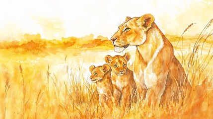 Watercolor illustration of lioness with cubs on grassy plain at sunset