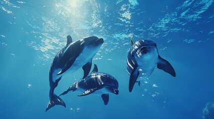 Obraz premium Dolphin calves swimming with mother in blue ocean under bright sunlight