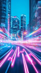 Dynamic urban nightscape vibrant light trails city center photography modern architecture low angle energy and motion
