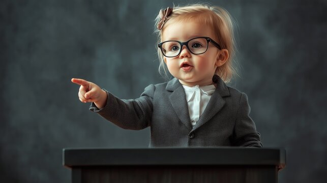Cute toddler in glasses and suit gestures assertively, humorously portraying a young professional giving a speech. - Powered by Adobe